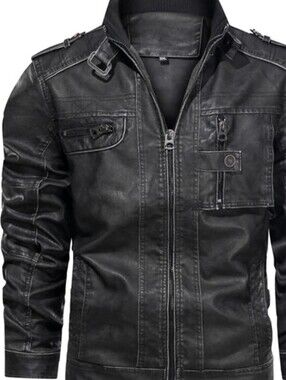 NWOT Men's PU Leather Casual Thick Slim Motorcycle Jacket Windproof Coat Outwear